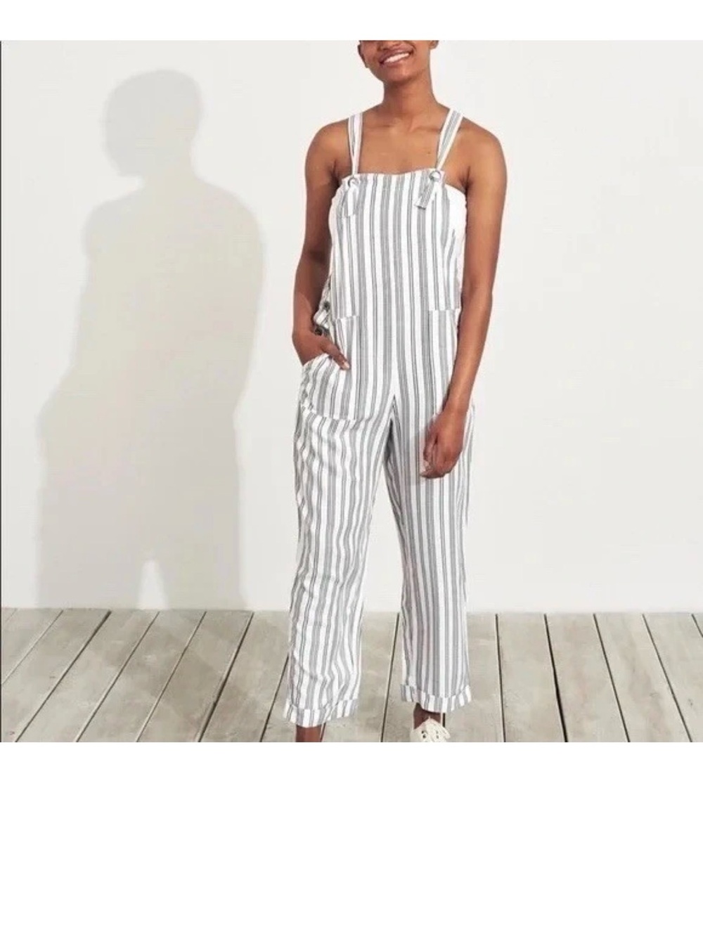 Hollister Striped Linen-Blend Tie-Strap Overalls - Jumpsuit Pantsuit XS